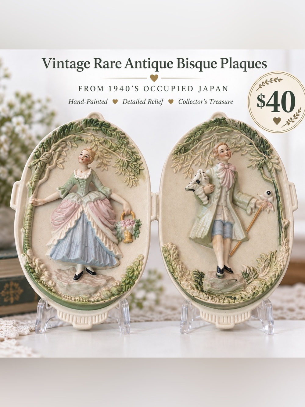 Vintage Rare antique bisque plaques from 1940’s occupied Japan